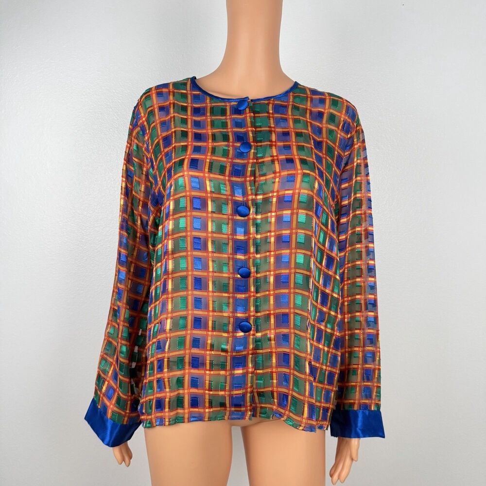 Vtg 90s Victoria's Secret Blouse Semi Sheer Metallic Plaid Y2K Statement Top M
